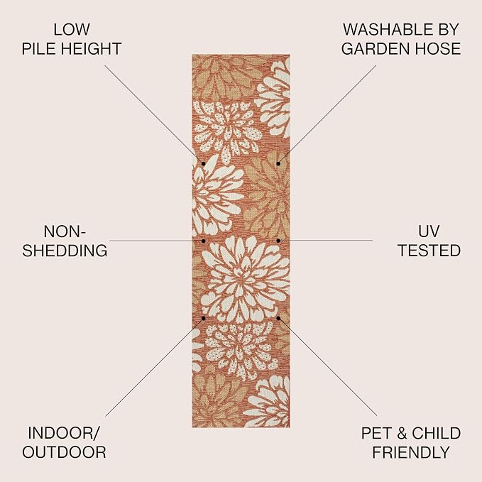 JONATHAN Y Floral Textured Weave Indoor Outdoor Runner Rug 2X10 Orange/Cream, Zinnia Modern for Backyard, Patio, Porch, Easy-Cleaning, High Traffic, Pet-Friendly, Non-Shedding (SMB110E-210)