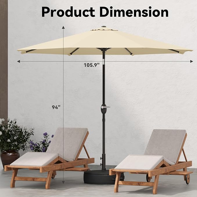 Greesum Outdoor Patio Umbrella with Base, Table Umbrella with 8 Sturdy Ribs, Push Button Tilt and Crank, Market Table Parasol for Garden, Lawn, Backyard & Pool, Beige