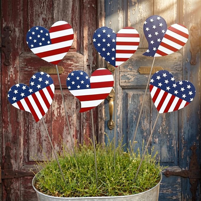 Pickmesh 6 Pcs 12" H Patriotic Yard Decor 4th of July Outdoor Decor Red White Blue Heart Metal Garden Stake 250th Anniversary USA Flag American Yard Sign for Independence Day Garden Decoration