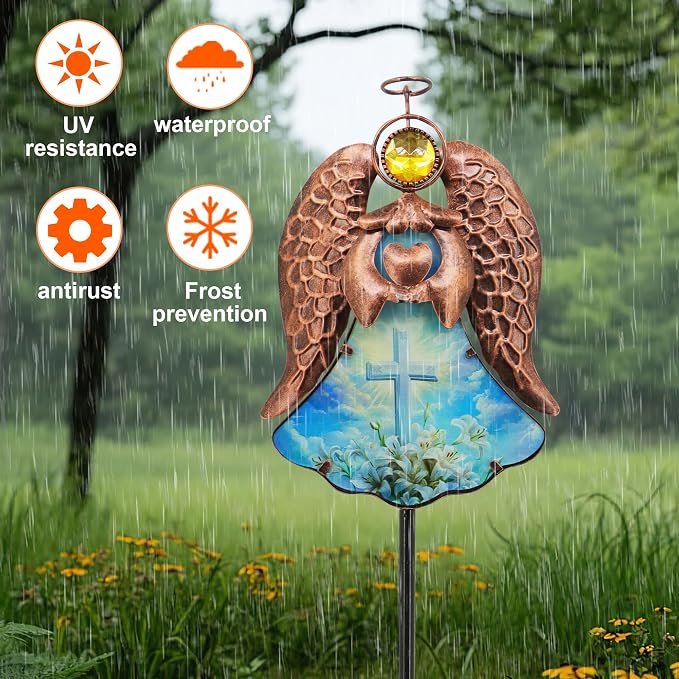 Solar Angel Garden Stake Light 32in, Iron Outdoor Decor with LED Cross Glass, Waterproof Memorial Yard Art, Easy Assembly Pathway Lighting for Patio Lawn
