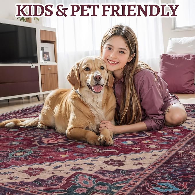 Tangsoo Oriental Small Area Rugs for Entryway, Non Slip 2x3 Washable Rug | Tangsoo Vintage Indoor Front Door Rug Mat, Soft Low Pile Print Small Carpet Throw Rugs for Entry Entrance Kitchen Burgundy