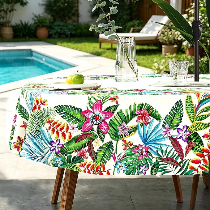 Outdoor Tablecloth with Umbrella Hole and Zipper, Oval Patio Table Covers for Spring/Summer, Machine Washable Outdoor Picnic Table Cloth (Tropical, 60" × 120" Oval)