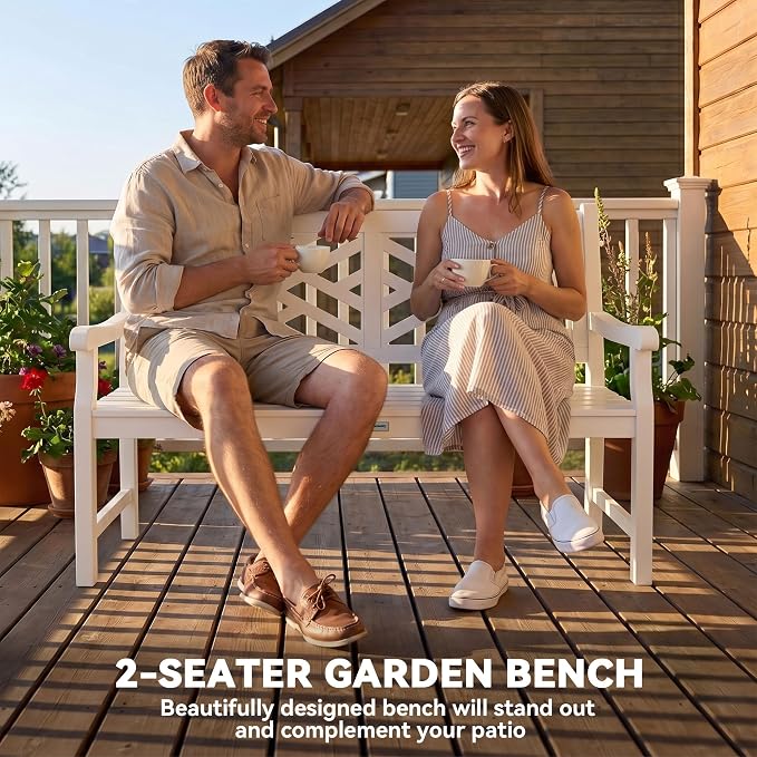 Outsunny Outdoor Garden Bench, Wooden Frame Patio Bench with Geometric Pattern, 43.25 Inch Weatherproof 2-Person Love Seat for Garden, Lawn, Porch, Yard, Work Entryway, White