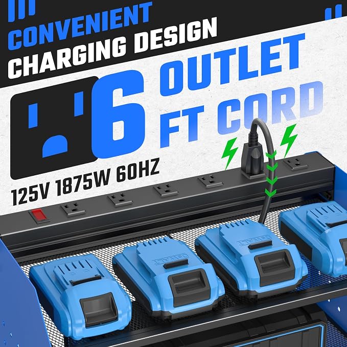 ZESEN Power Tool Organizer with Charging Station, Heavy Duty 4 Layer Drill Holder Wall Mount Garage Shelf Rack with 6 Outlet Power Strip, Tool Shelf with Hooks, Drill Bit Rack for Garage, Blue