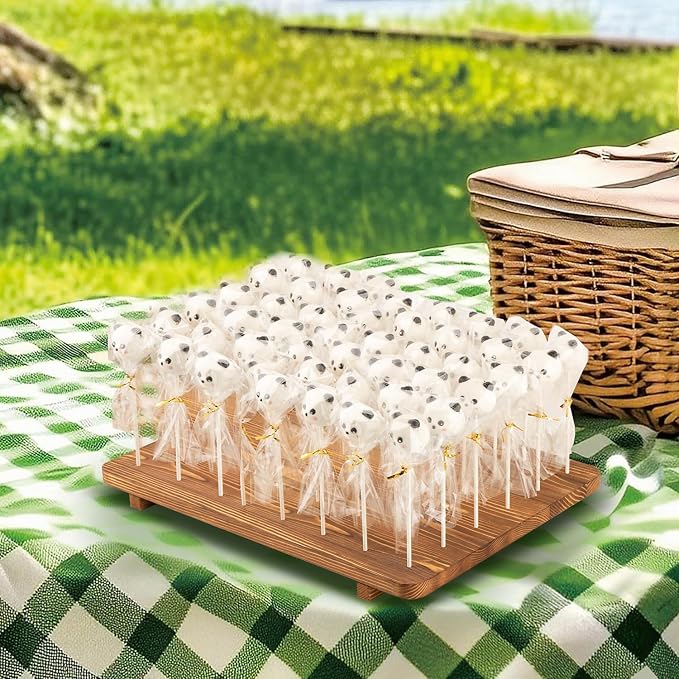 48-Hole Wooden Cake Pop Stand for Drying/Display ，300 Accessories（Cake Pop Bag x100，Gold Twist Tie x100，Cake Pop Stick x100）- Dessert Table Holder for Birthdays, Baby Shower, Weddings