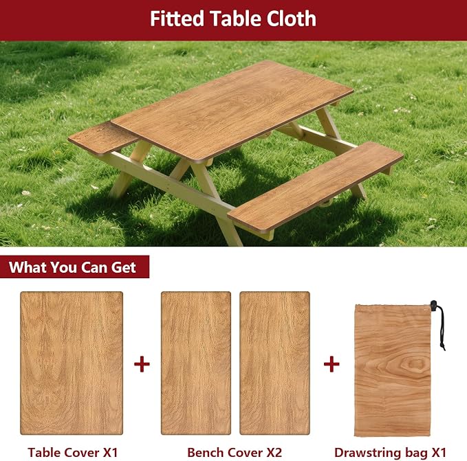 8ft Picnic Table and Bench Cover, Camping Essentials RV Gear, 96 in Waterproof Windproof Outdoor Elastic All Around Tablecloth, Fitted Rectangle Tables and Seats, Wood Grain