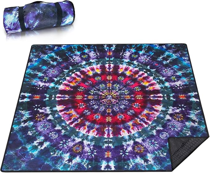 Picnic Blankets Extra Large Waterproof, 80"x 80" Tie-dye Beach Mat with Corner Pockets Windproof Sandproof Foldable Portable 3-Layer Mat Darker for Wet Grass,Parks,Music Festival,Camping,Concerts