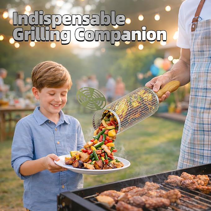 Rolling Grill Basket with Insulated Gloves (2PCS), 304 Stainless Steel Nesting Grill Baskets with Removable Wooden Handles, BBQ Grilling Accessories for Vegetable, Camping, Outdoor, Gifts for Men/Dad