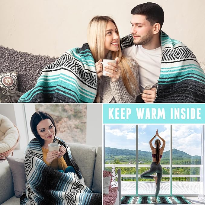 Preboun 4 Pcs Large Mexican Yoga Blanket Pack 45 x 70 Inch Thick Woven Camping Picnic Beach Car Travel Throw Blanket Outdoor Patio Mat Towel