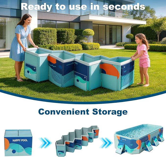 Large Foldable Family Swimming Pool for Kids & Dogs, 115" L x 65" W x 21.5" D Hard Plastic Square Pool with Reinforced Sidewalls and Easy Setup for Backyard