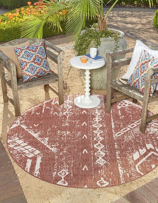 Unique Loom Outdoor Bohemian Collection Area Rug - Anthro (10' 8" Round Rust Red/Ivory)