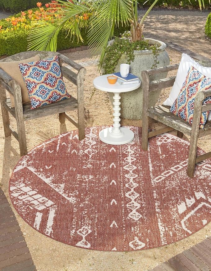 Unique Loom Outdoor Bohemian Collection Area Rug - Anthro (3' 3" Round, Rust Red/ Ivory)