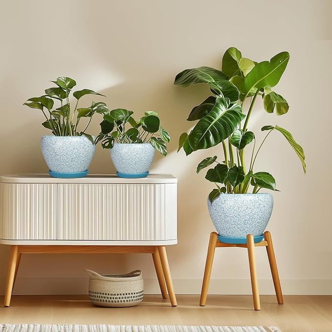 Ceramic Plant Pots, 8 Inch, Crackle Blue | Indoor Plant Pots, Drainage Hole and Tray, Decorative Round Planters, For Outdoor Plants