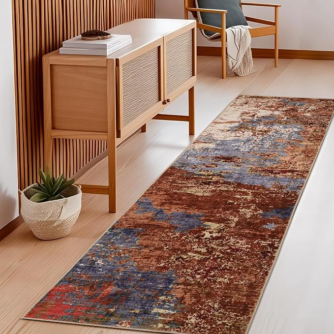 GarveeHome Machine Washable Runner Abstract Hallway Rugs 2x6 Red | Non-Slip Backing, Stain-Resistant Low Pile Floor Cover, Colorful Indoor Mat, Bedroom, Kitchen, Laundry