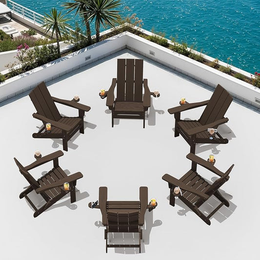 SERWALL Modern Adirondack Chairs Set of 6, Folding Adirondack Chair with Cup Holders, Outdoor HDPE Adirondack Chair for Patio Lawn Garden, Coffee