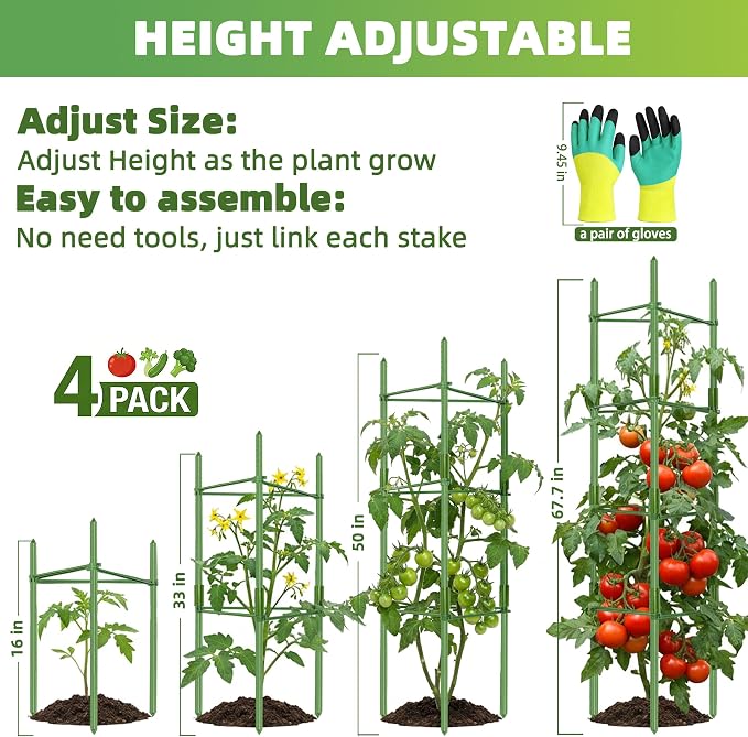 EWPJDK 4-Pack Tomato Cage for Garden Plant Support 48 INCH Garden Stakes Adjustable Tomato Cage for Climbing Plants Pots Vegetables Flowers Fruits (4, 48 Inches)