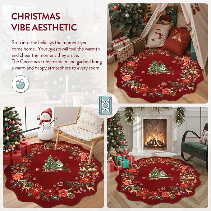 Lahome Floral Christmas Round Rug 4ft, Washable Red Xmas Tree Round Christmas Rug Indoor Mats Non-Slip Non-Shedding Soft Holiday Decor Circle Carpet for Bedroom Nursery, Red