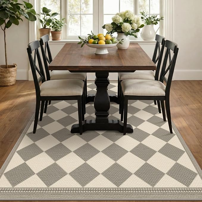 Beige Gray Checkered 5x7 Easy Jute Indoor Outdoor Area Rug for Living Room Backyard Porch, Washable Non Slip Dining Room & Bedroom Carpet, Diamond Pattern Modern Farmhouse Outdoor Patio Rug