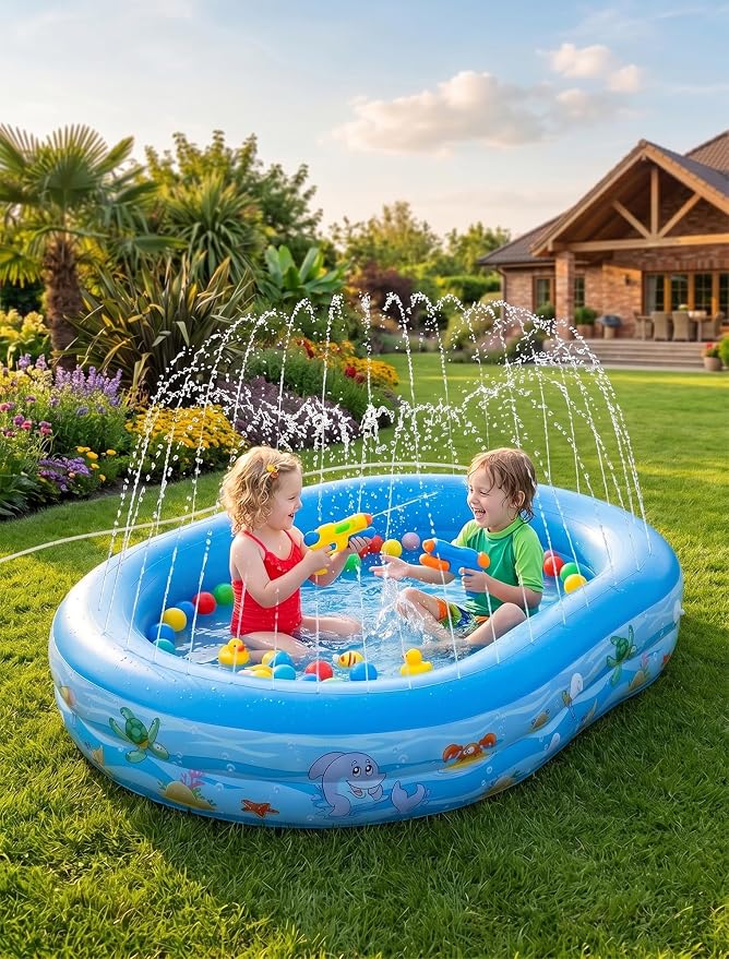 Inflatable Kids Pool with Canopy and Sprinkler 65" x 46", Kiddie Blow Up Pool with Shade Cover for Baby Swimming, Toddler Ball Pit for Backyard Water Fun Indoor Outdoor Summer Toys