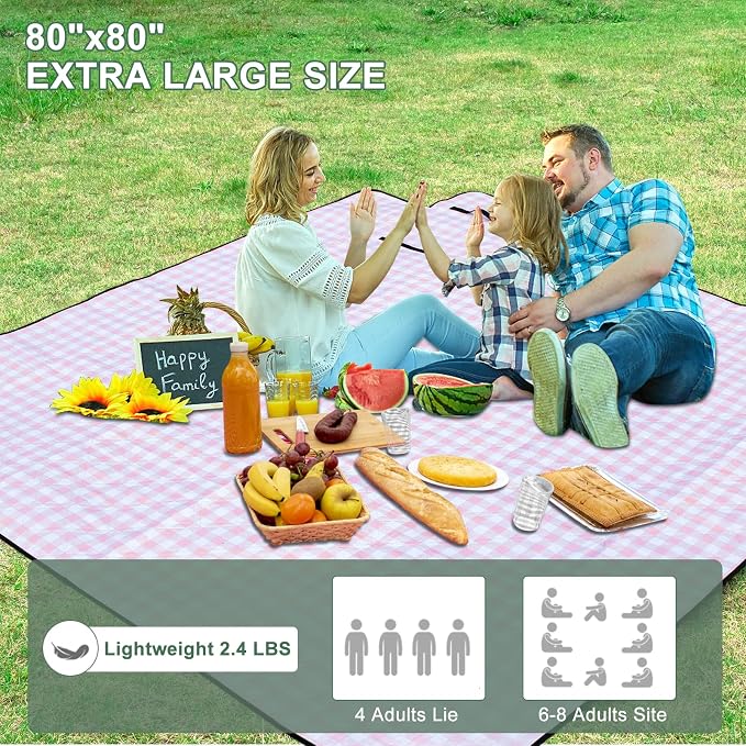 ZUBOND Picnic Blankets Waterproof Sandproof Foldable & Machine Washable, 80''x100'' Extra Large Beach Blankets, Simple Stylish Gingham Outdoor Blankets Grass Lawn Park for Family Camping Party