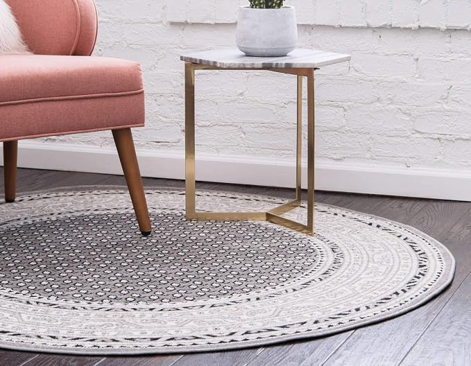 Unique Loom Williamsburg Collection Traditional Border with Dotted Center Area Rug, Round 5' 0" x 5' 0", Gray/Beige