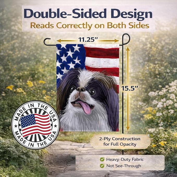 Caroline's Treasures CK6580GF Japanese Chin American Flag Garden Flag Mailbox Flag Decorative Yard Flag Banner Outside Patio Artwork Yard Flower Beds, Garden Size, Multicolor