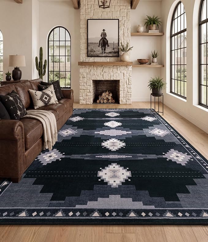 9'x12' Washable Large Living Room Area Rug, Black and Grey Western Rug | Soft, Non-Slip, Low Pile, Southwestern Aztec Design, for Boy Bedroom Dining Room Playroom, Pet Friendly