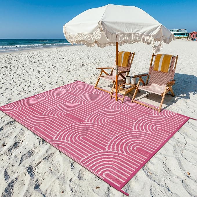 Lahome Deck Rugs Outdoor Waterproof 6x9 Patio Outside Rug, Plastic Straw Rug Reversible Rv Mat,Large Porch Floor Area Rug,Portable Camping Carpet for Balcony Tent (Rainbow Pink, 6'x9')