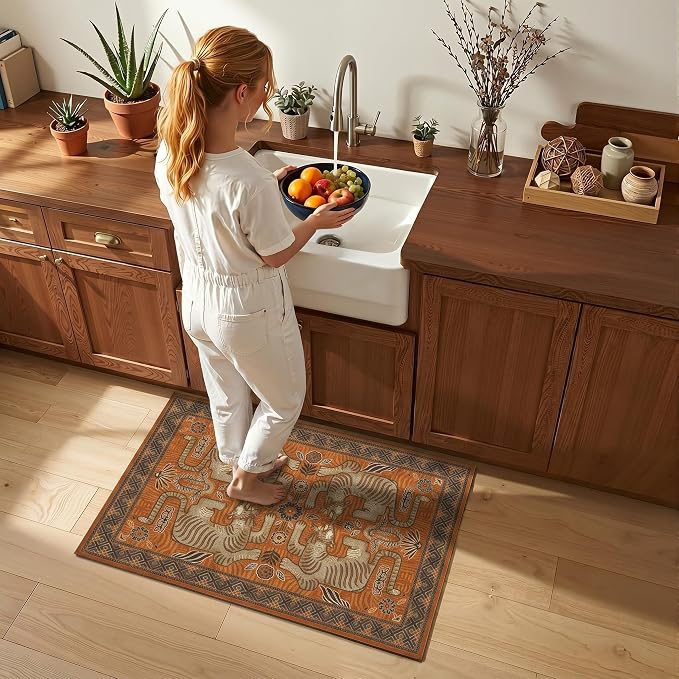 GarveeHome Boho Tiger Entryway Rug 2x3 Vintage Washable Front Door Rug | Tribal Non-Slip Low Pile Indoor Entrance Animal Carpet Throw Rugs for Kitchen Floor, Powder Room, Entry, Bathroom, Kidss Room