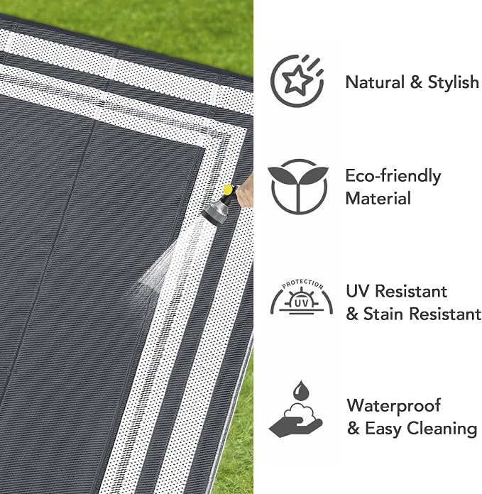 Garvee 9x12 Outdoor Rug for Patio Plastic Straw Rug Waterproof Reversible Mat Lightweight Foldable Carpet Easy Clean Large Rugs for Patio Porch Backyard Camping RV Beach Balcony Deck Panel Grey