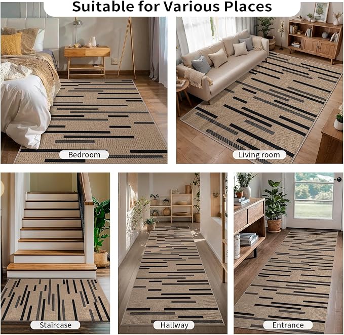 Tangsoo Easy Jute 2x6 Washable Hallways Runner Rug,Non-Slip Kitchen Carpet | Farmhouse Thin Indoor Outdoor Runner Irregular Striped Door Mat for Porch Laundry Bedroom Entryway