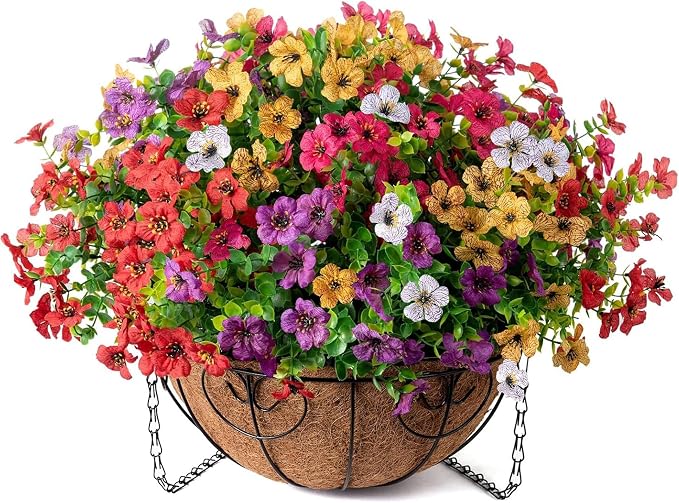 HyeFlora Artificial Faux Hanging Plants Flowers Basket for Summer Outdoor Outside Decoration, Fake Silk UV Sun Resistant Look Real Colorful Daisy Eucalyptus for Porch Home Patio Balcony Yard
