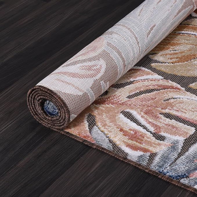 CAMILSON Indoor Outdoor Rug, Brown 10’x14’ Leaf Tropical Botanical Area Rugs for Indoor and Outdoor patios, Easy-Cleaning Non-Shedding Living Room, Garden and Kitchen Washable Outside Carpet (10x14)