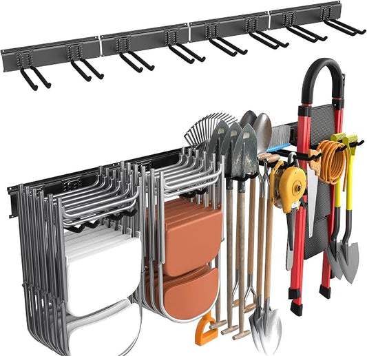 WALMANN Wall Mounted Garden Tool Organizer for Garage, Heavy Duty Folding Chair Storage Rack, 11-Inch Tools Storage Hooks for Shovels, Rakes, Ladders, Hold Up to 400 lbs(Tool Rack)