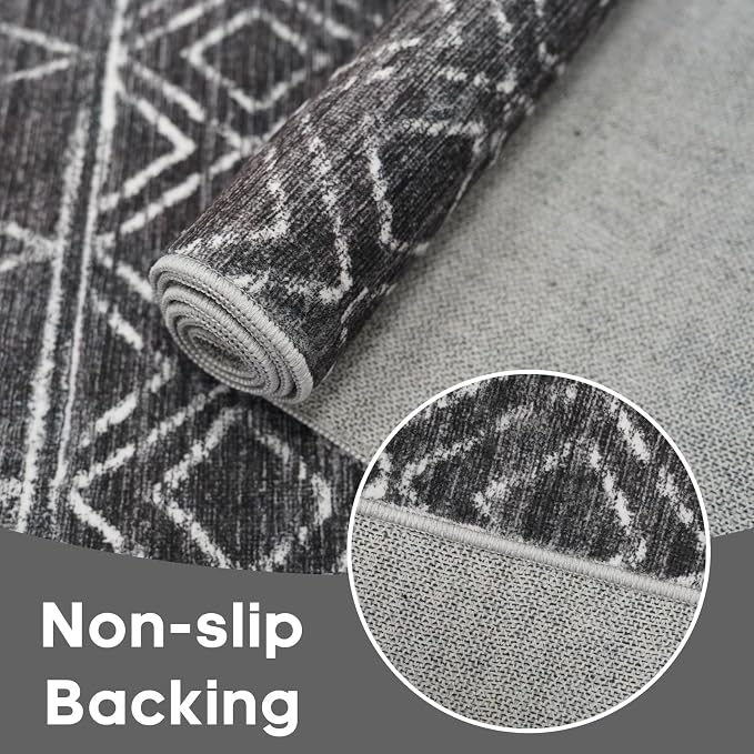 3x6 Moroccan Runner Rug Washable: Non Slip Pets Friendly Runners Black | Hallway Rug Low Pile Soft Indoor Floor Mat Front Door for Kitchen Bedroom Entryway Laundry