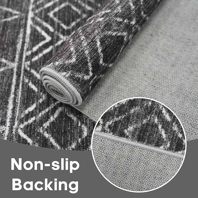2x8 Black Moroccan Geometric Hallway Runner:Washable Non Slip Rug | Modern Boho Mat, Soft Stain Resistant, Easy to clean, Suitable for Kitchen Entryway Bedroom, Pet Family Friendly