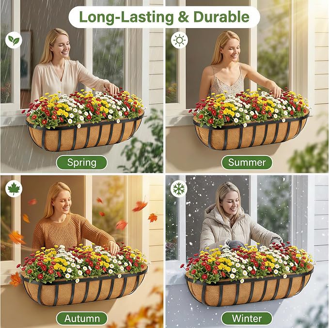Y&M Window Planter Box Iron Deck Planters – Heavy Duty Steel Flower Troughs with Coco Liner, Adjustable Hanging Brackets for Balcony, Patio, Porch & Garden-30in 4Pcs