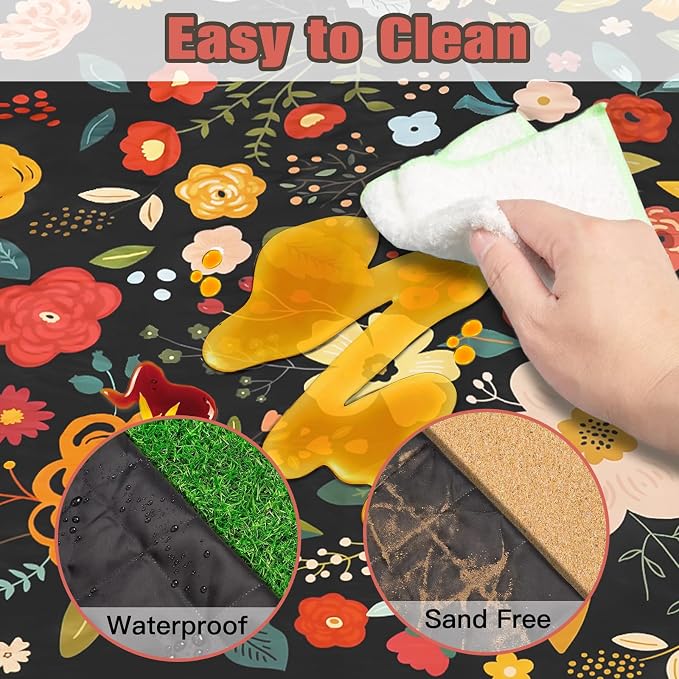 Picnic Blankets Extra Large Waterproof, 80"x 60" Boho Flowers Beach Mat with Corner Pockets Windproof Sandproof Foldable Portable 3-Layer Mat Darker for Wet Grass,Parks,Music Festival,Camping,Concerts