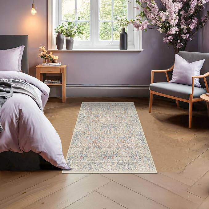 Large 3x6 Entryway Rug Indoor - Washable Non-Slip Low Pile Stain Resistance Ultra Soft Runner Rug for Large Kitchen, Bedroom Beside Bed - Vintage Floral Beige Blue Home Decor