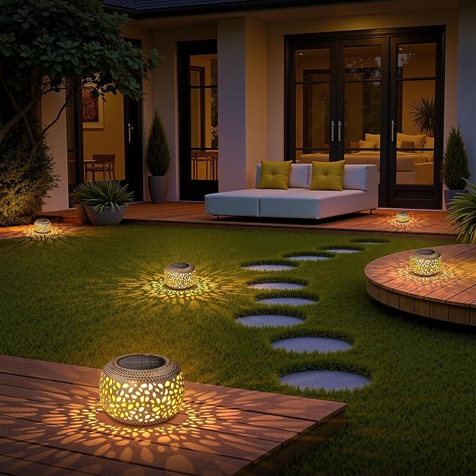 Solar Lanterns Outdoor Waterproof: 2 Pack LED Lamps for Patio - White Hollowed-Out Metal Retro Solar Light Decor Gift for Women Mom Mothers Day Yard Garden Balcony Indoor Desk Tabletop Decorations