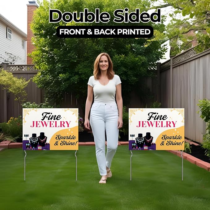 Fine Jewelry - Sparkle & Shine! Yard Sign by DC | 24"x18" Double Sided Conv. Store Garden Sign with 13” Metal Stakes | Outdoor Signs Waterproof for Lawn, Patio, Sidewalk & House | Set of 3