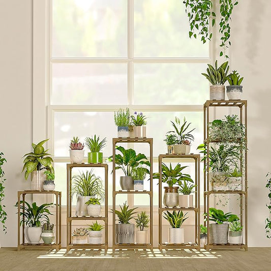 Bamworld Plant Stands Indoor 5 Sets Plant Shelves Outdoor Wooden Plant Holder for Multiple Plants Flower Stands for Living Room Balcony Garden Patio Lawn Window
