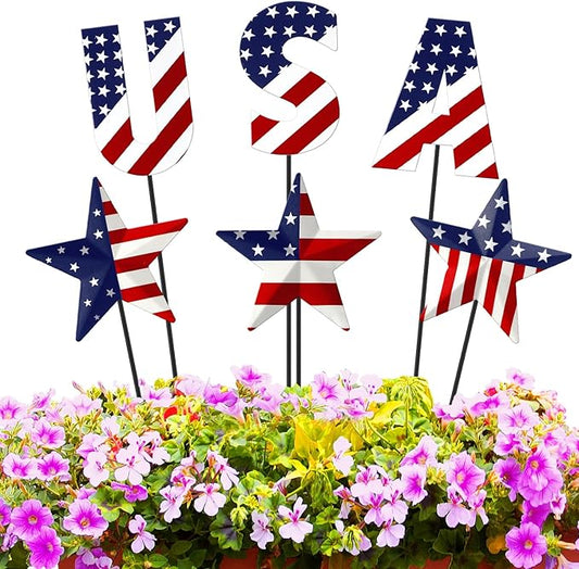 Pickmesh 6 Pcs 12" H Patriotic Outdoor Decor Metal Yard Sign 4th of July Outdoor Decor Red White Blue 250th Anniversary Star USA Flag Garden Stake American Yard Sign for Independence Day Decoration