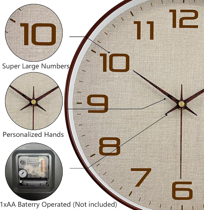Woodgrain Wall Clock, Silent Non-Ticking Wall Clocks Battery Operated 8 Inch, Linen Texture Large Easy-to-Read Numbers Modern Analog Clock for Bedroom Living Room Kitchen Office Gym, Brown