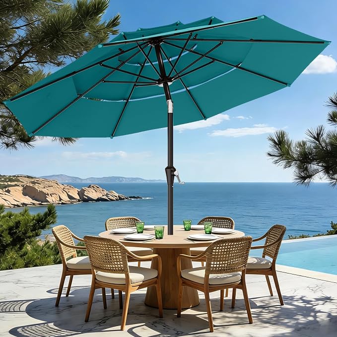 AreShark 9ft 3-Tier Patio Umbrellas, Outdoor Umbrella with 8 Sturdy Ribs UV Protection Windproof, Market Table Umbrella w/Push Button Tilt & Crank for Pool, Porch, Deck, Garden(Lake Blue)