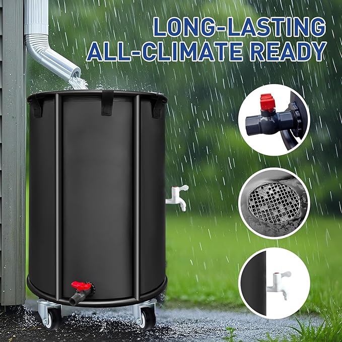 Outdoor Rainwater Collector, Mobile Portable, 30 Gallon, Black - Rainwater Collection Storage Container with Faucet, Mobile Frame, Strainer and Side Faucet