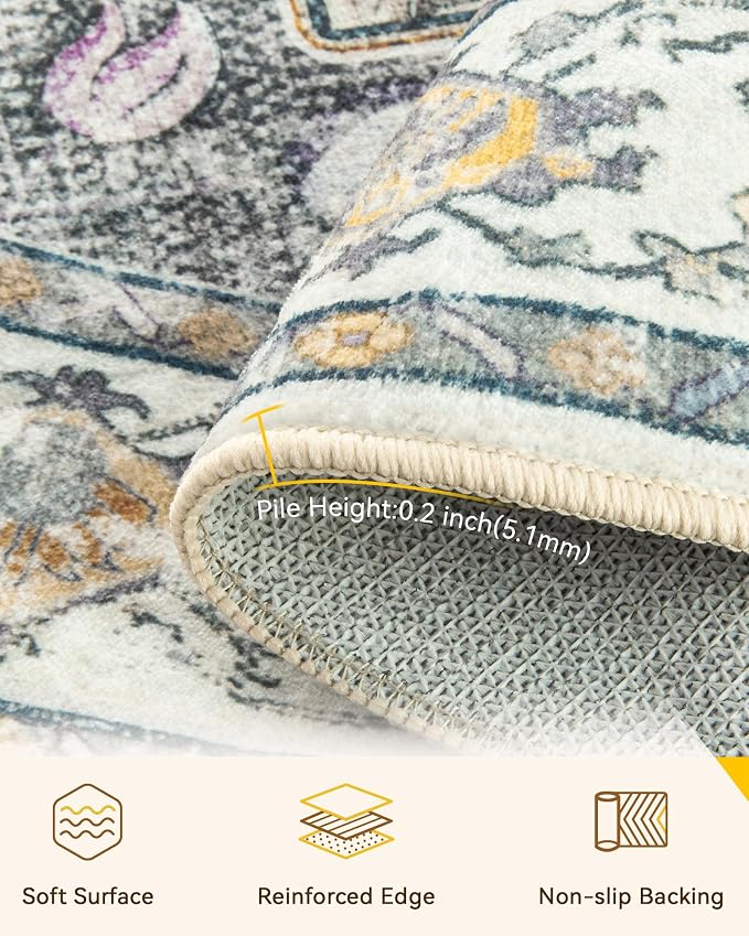 RELEANY Washable Area Rug, Round 5ft, Beige/Carbon Grey/Orange | Non-Slip, Water Repellent, Pet Friendly, Easy to Clean, Vintage Floral Boho Decor for Living Room Bedroom Dining Room
