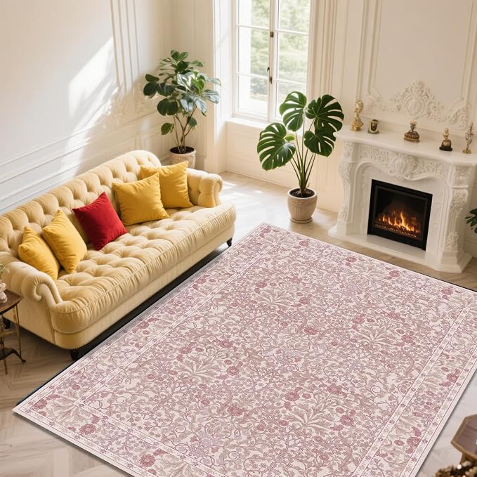 Vintage Pink Living Room Rug, 9x12 Washable Area Rugs for Dining Room Under Table, Soft Low Pile Large Carpet Bedroom, Non-Slip Boho Floral (9 x 12 Pink)