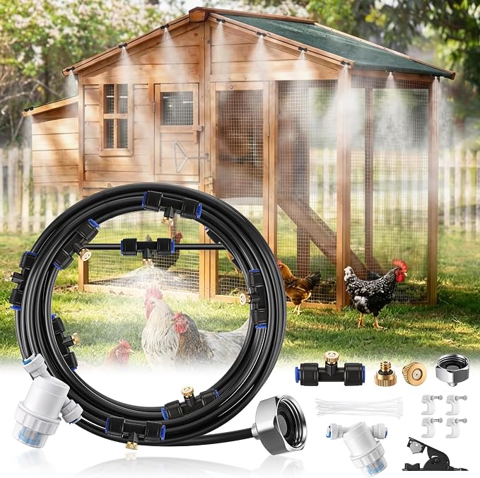 Dreyoo Misters for Outside Patio, 20FT Chicken Coop Misting Cooling System with 10 Brass Nozzles & Fliter & 3/4" Adapter, Outdoor Misting System for Garden, Greenhouse, Trampoline & Canopy