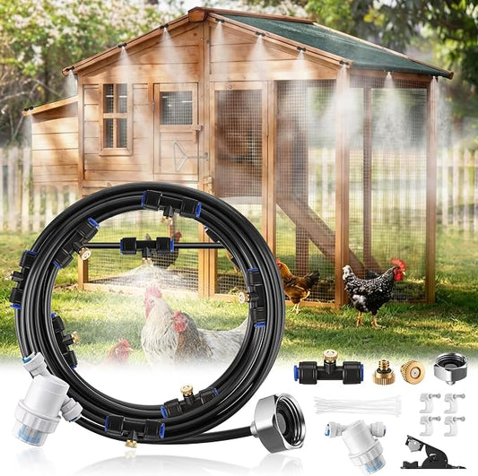 Dreyoo Misters for Outside Patio, 20FT Chicken Coop Misting Cooling System with 10 Brass Nozzles & Fliter & 3/4" Adapter, Outdoor Misting System for Garden, Greenhouse, Trampoline & Canopy
